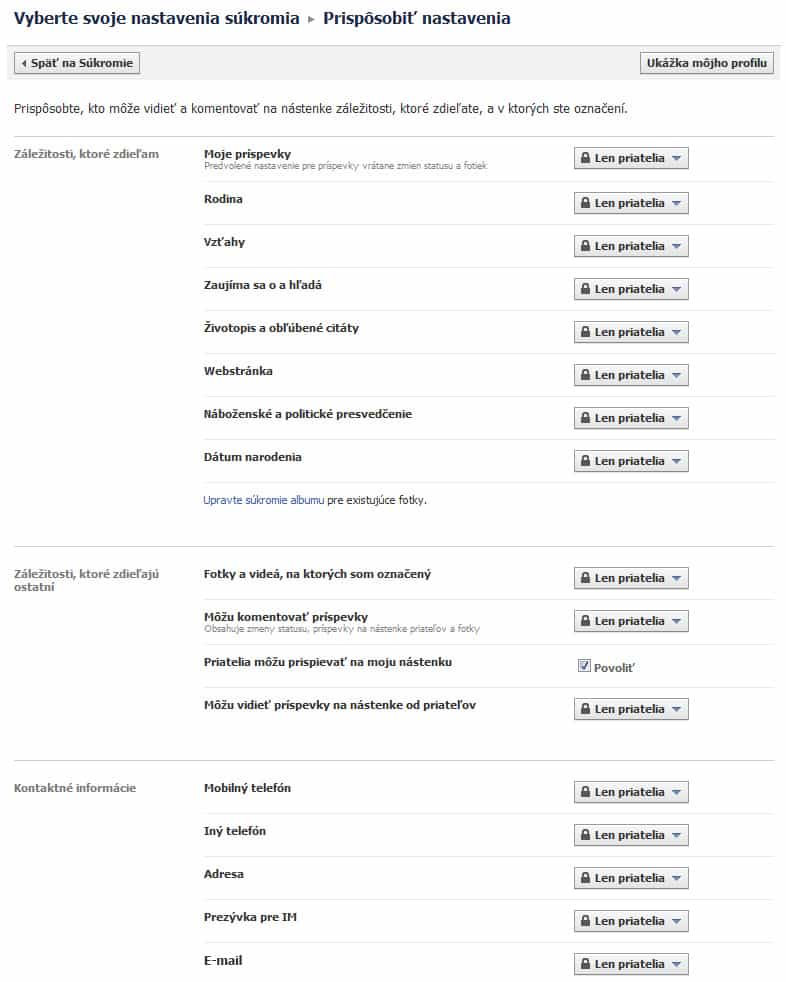 Zdieľanie na Facebooku - prispôsobiť nastavenia